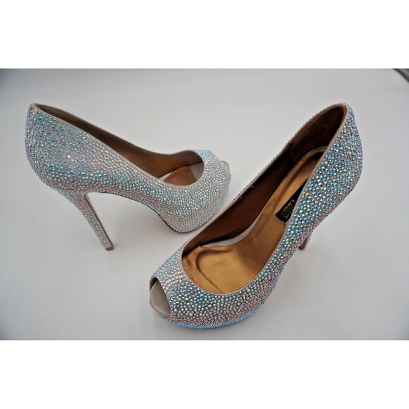 Benjamin Adams London Miami Silver Jewel Encrusted Peep Toe Platform Pumps S 6.5 - Picture 6 of 13